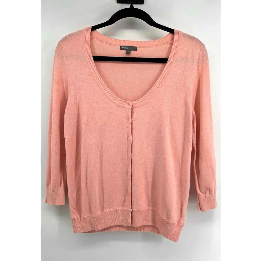 GapBody Pink Snap Front Cardigan Sweater Women's Size M Scoop Neck 3/4 Sleeve